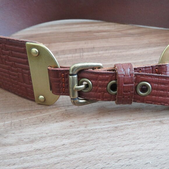 FOSSIL Textured Cognac Brown Leather Chunky Y2K Belt Festival - Women's Size L - Picture 3 of 11